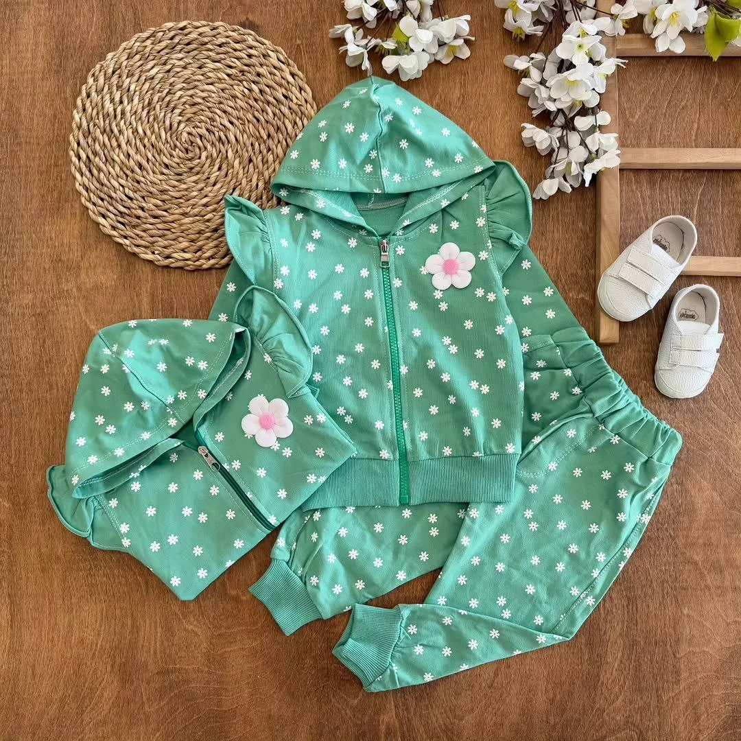 سویشرت شلوار سبز طرح گل سایز ۳۵،۴۰ کد ۵۶۶۴