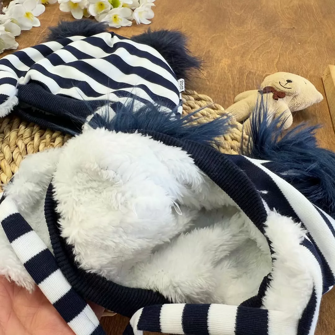 کلاه نخ پنبه پولیشی راه راه سرمه ای کد 5729