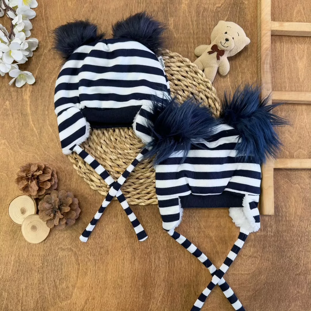 کلاه نخ پنبه پولیشی راه راه سرمه ای کد 5729