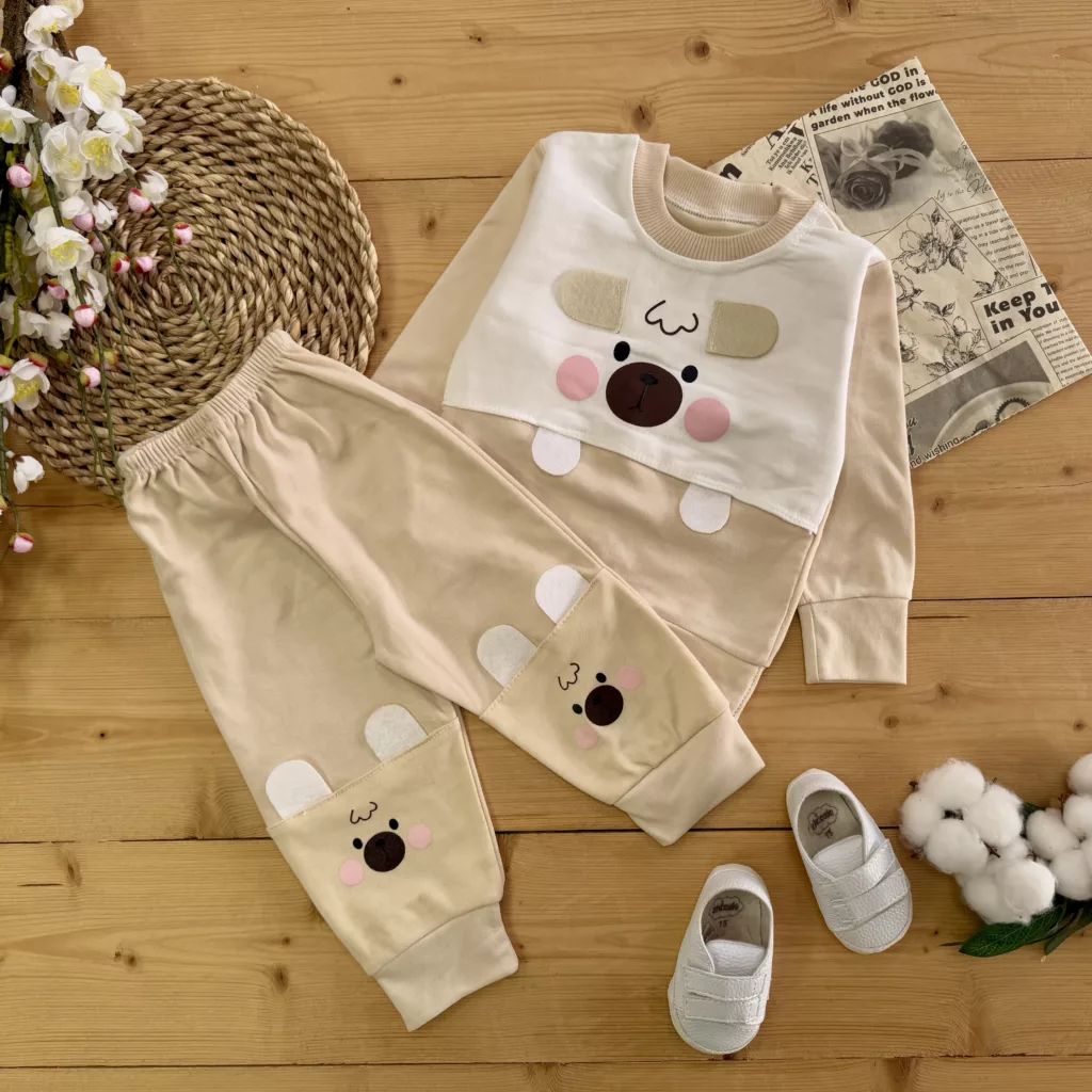 بلوز شلوار کرمی خرس گوش دار پادار کد 2794