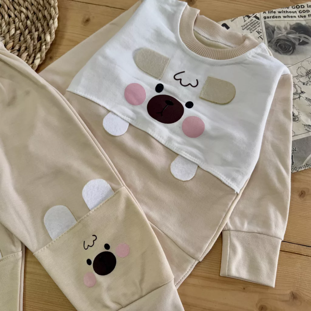 بلوز شلوار کرمی خرس گوش دار پادار کد 2794