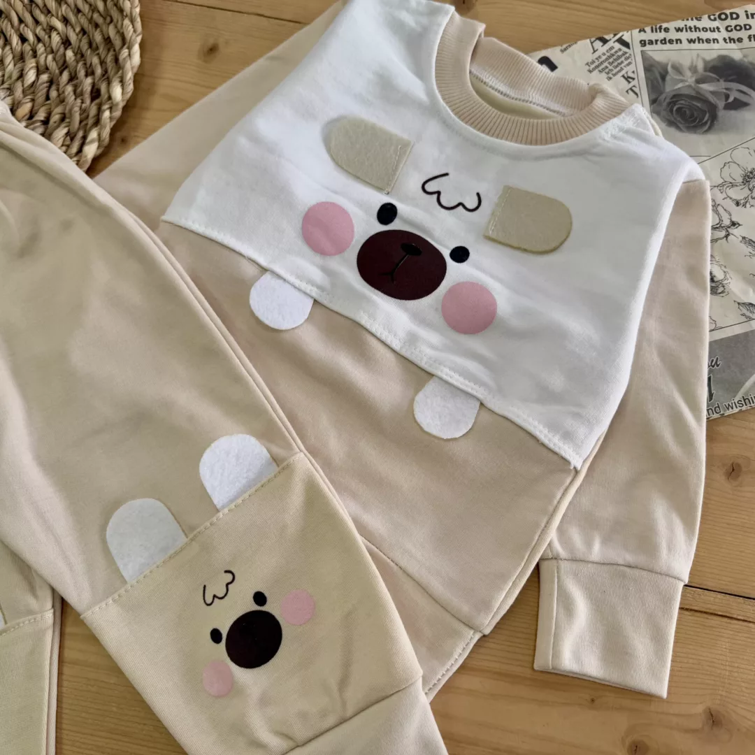 بلوز شلوار کرمی خرس گوش دار پادار کد 2794