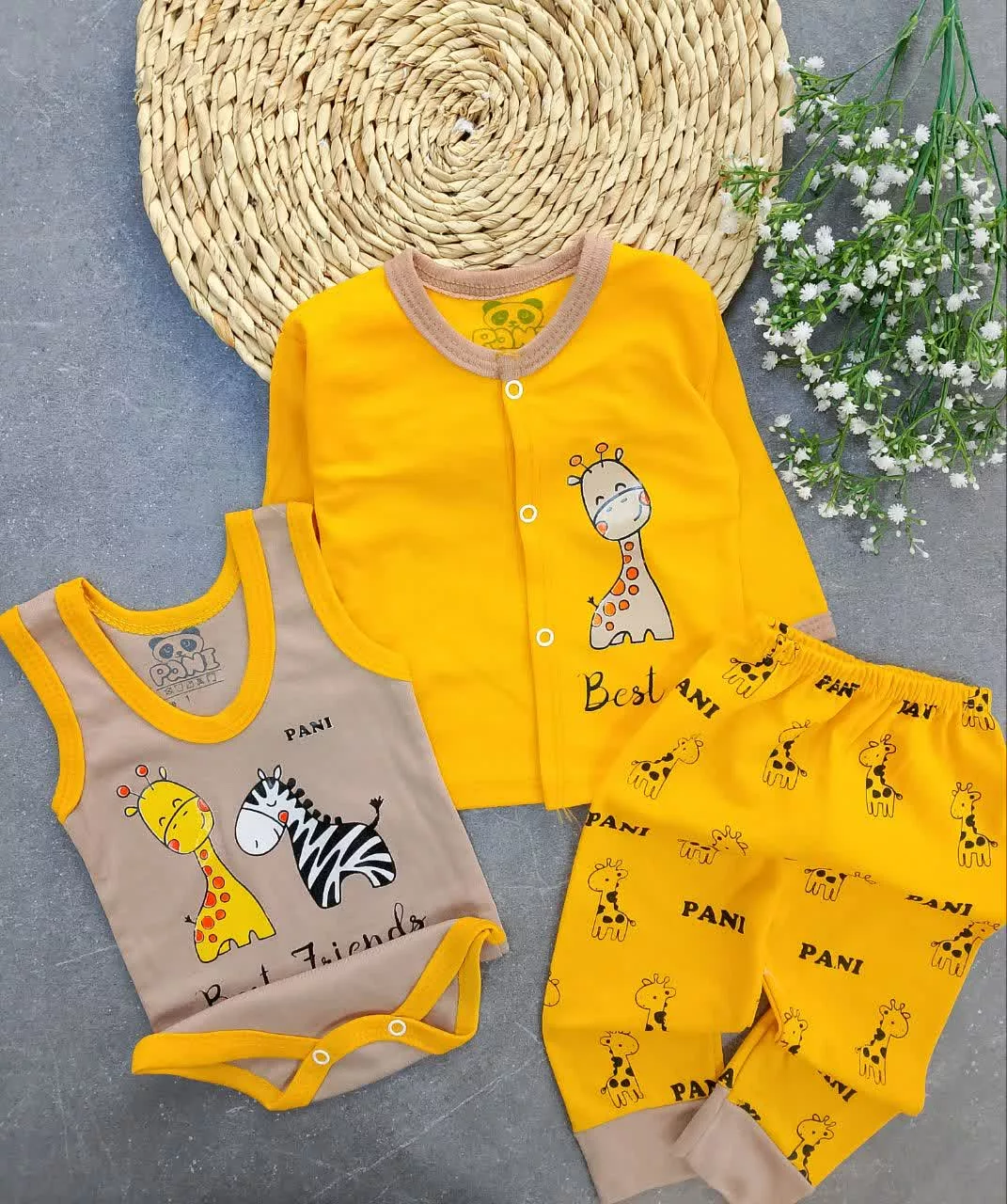 ست 3 تکه جلودکمه زرافه زرد قهوه ای کد 5889