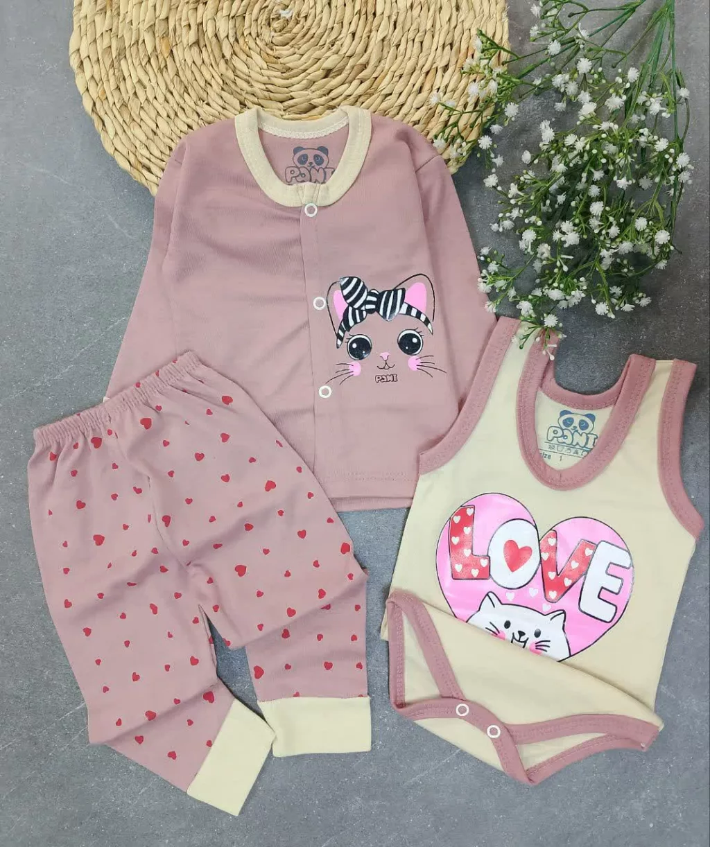 ست 3 تکه جلودکمه گربه پاپیون کالباسی کد 4308