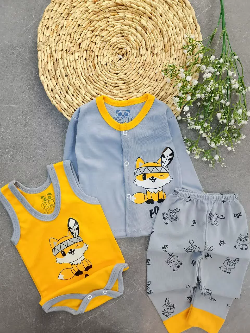 ست 3 تکه جلودکمه روباه سرخپوستی طوسی پرتقالی کد 5882