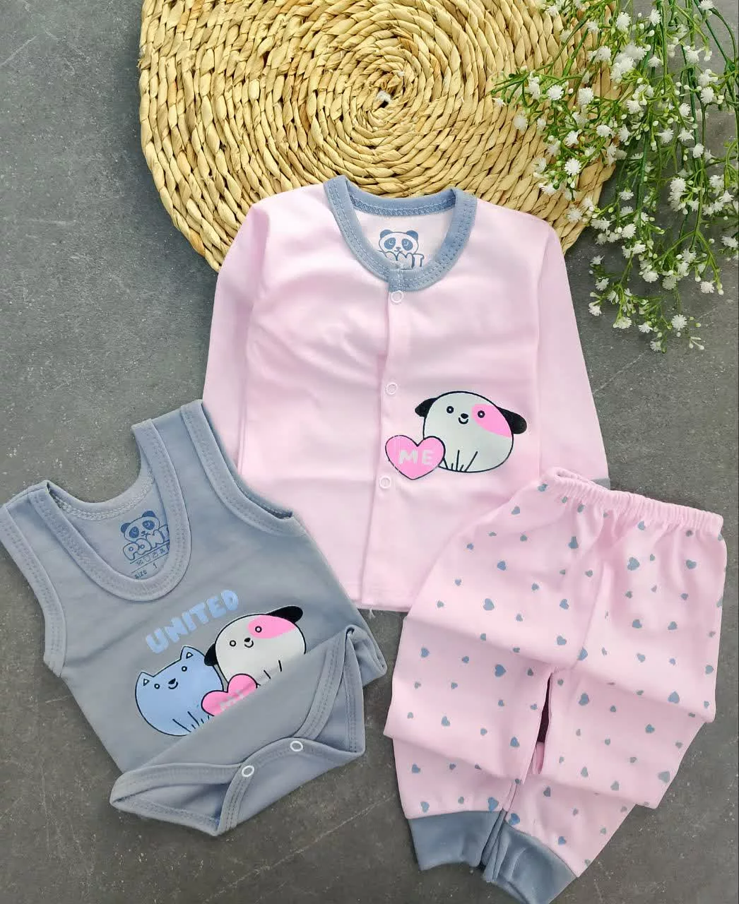 ست 3 تکه جلودکمه هاپو قلبی طوسی صورتی کد 5886