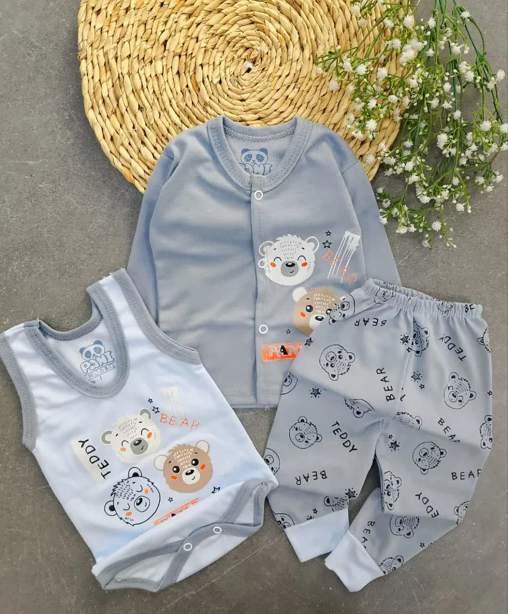 ست 3 تکه سه خرس طوسی آبی کد 5893