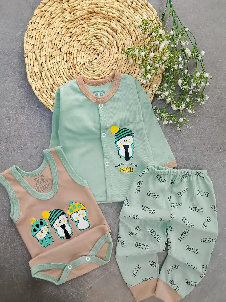 ست 3 تکه جلودکمه پنگوئن سبز قهوه ای کد 5888