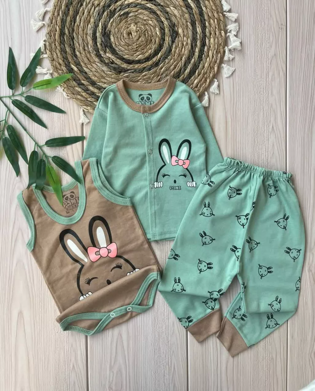 ست 3 تکه جلودکمه خرگوش پاپیونی سبز قهوه ای کد 5884