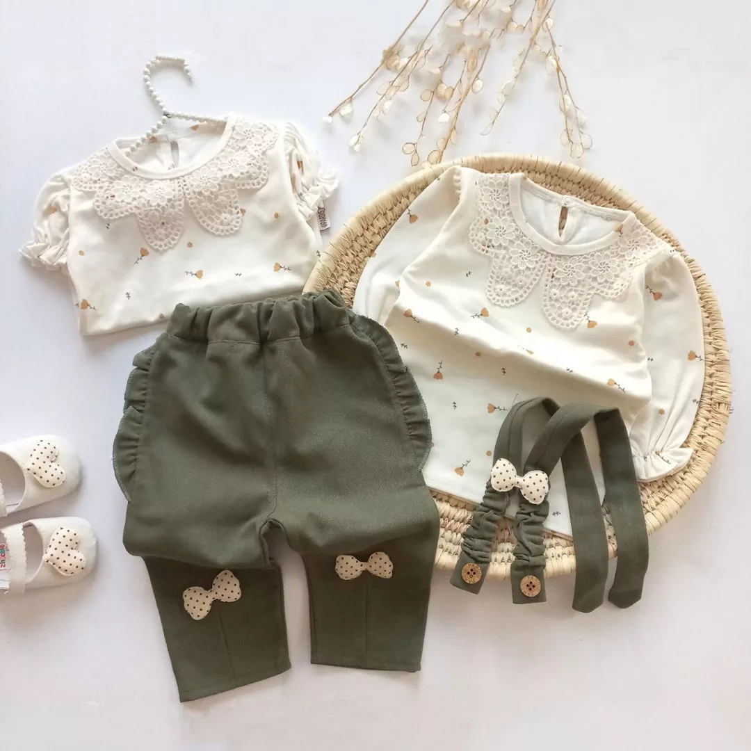 بلوز شلوار کتان ساسبندی دخترانه سبز کد ۵۸۵۸