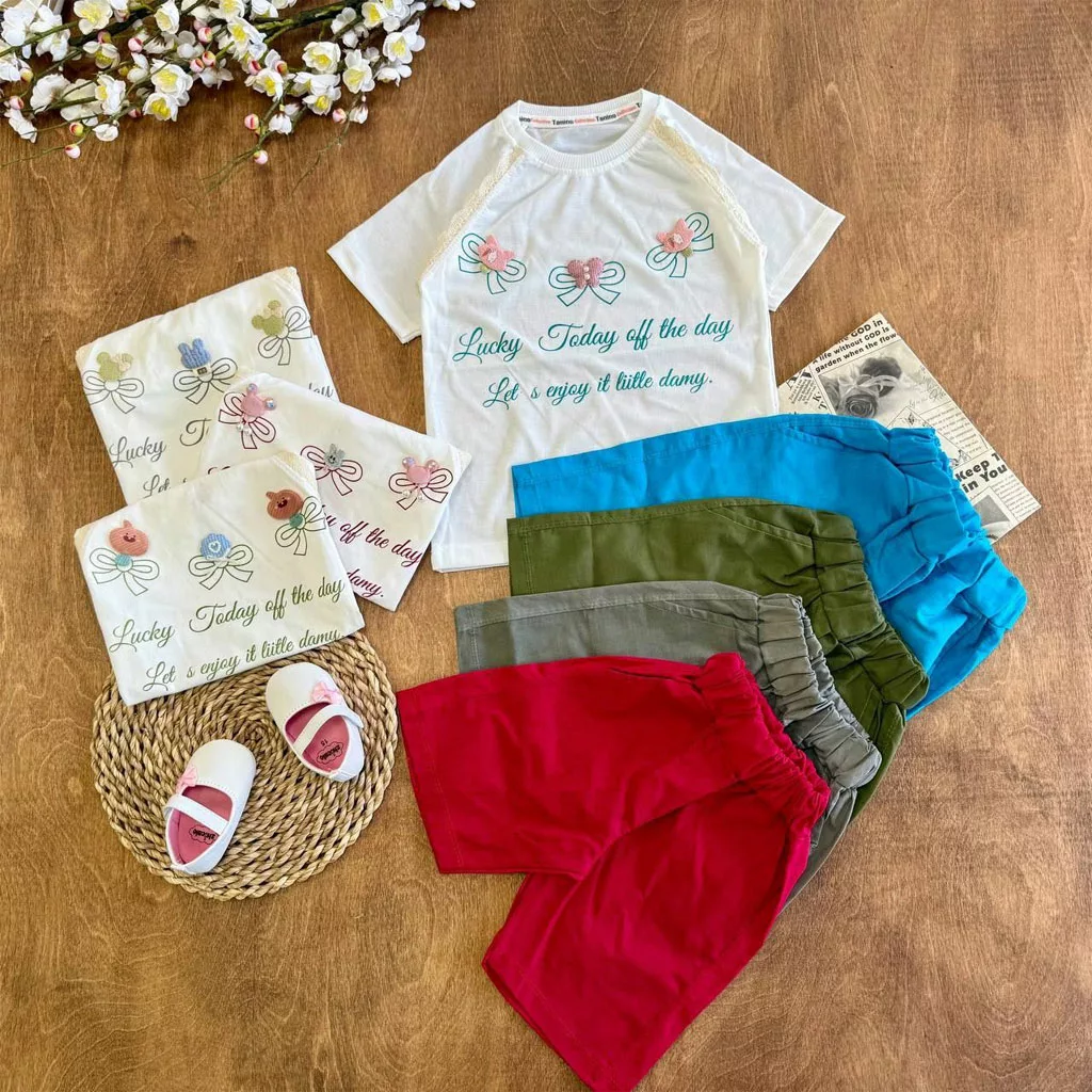 تیشرت شلوارک پاپیون استیکر برجسته lucky سایز ۳۵ تا ۵۰ کد ۵۹۰۳