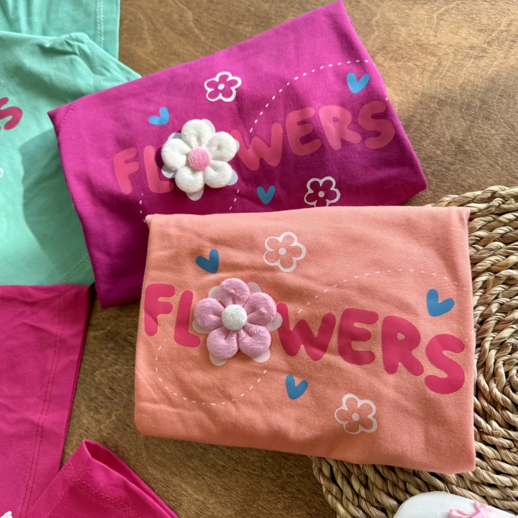کراپ رگلان و شلوارک نواردار گل برجسته Flowers کد 6114