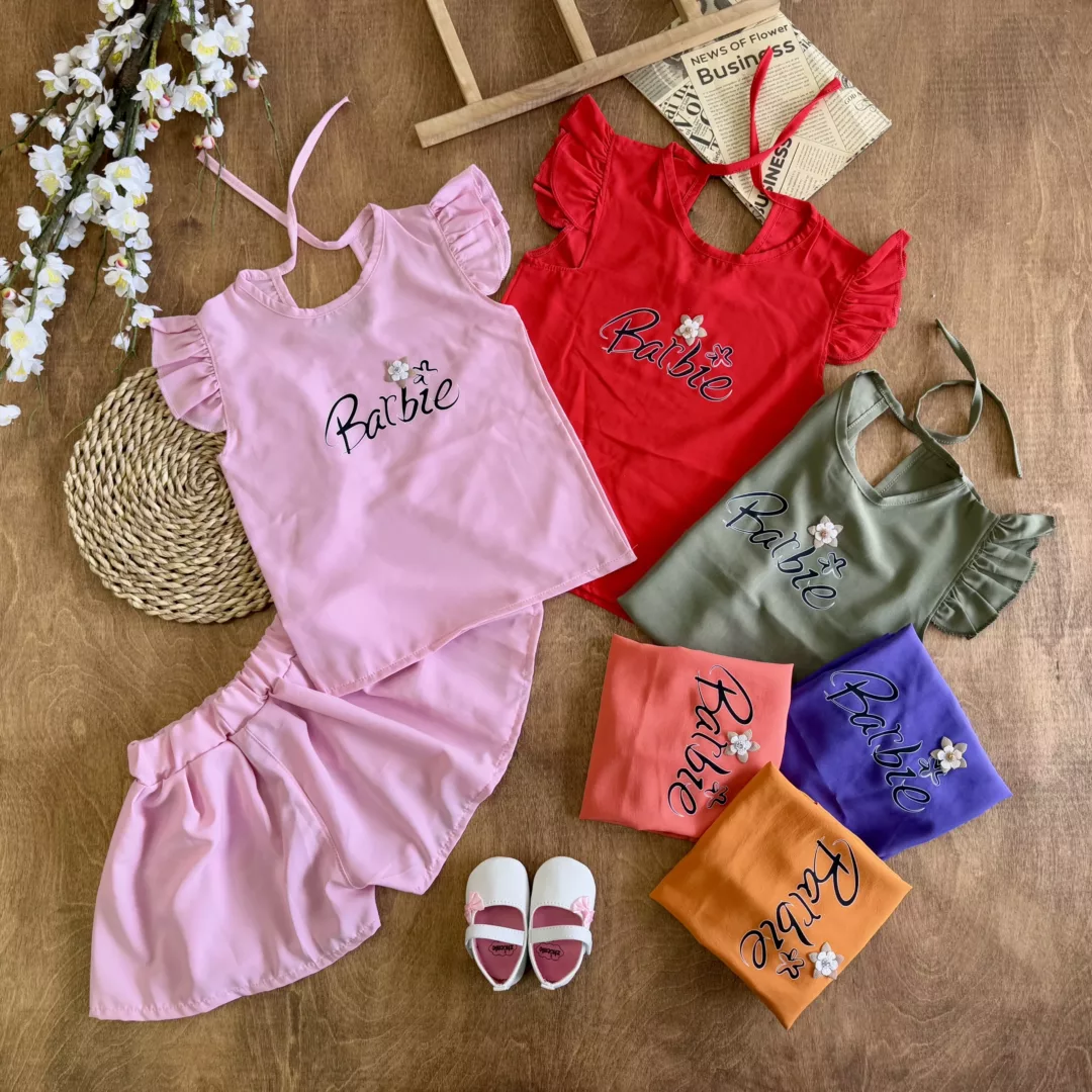 تاپ شلوارک دامنی گل برجسته Barbie سایز 45،50 کد 6283