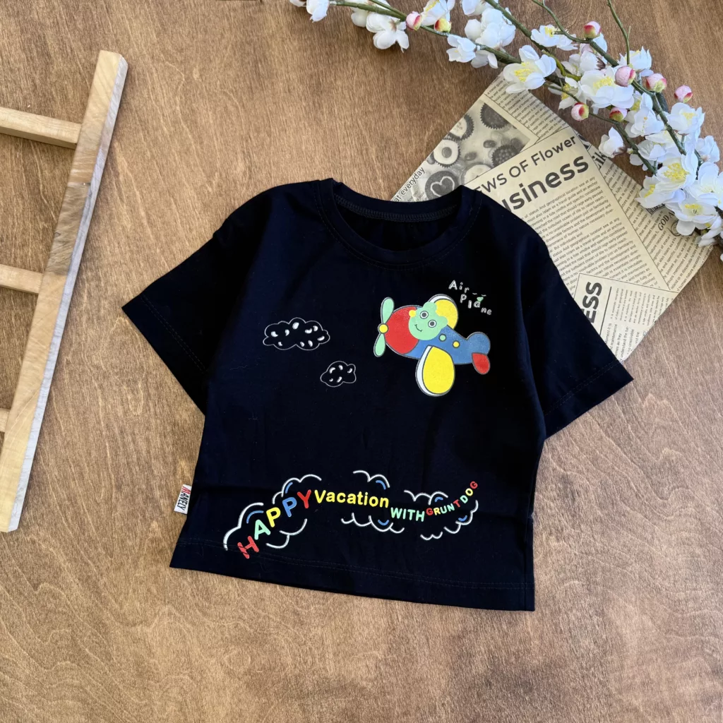 تیشرت تک مشکی Happy Airplane سایز 35،40 کد 6388