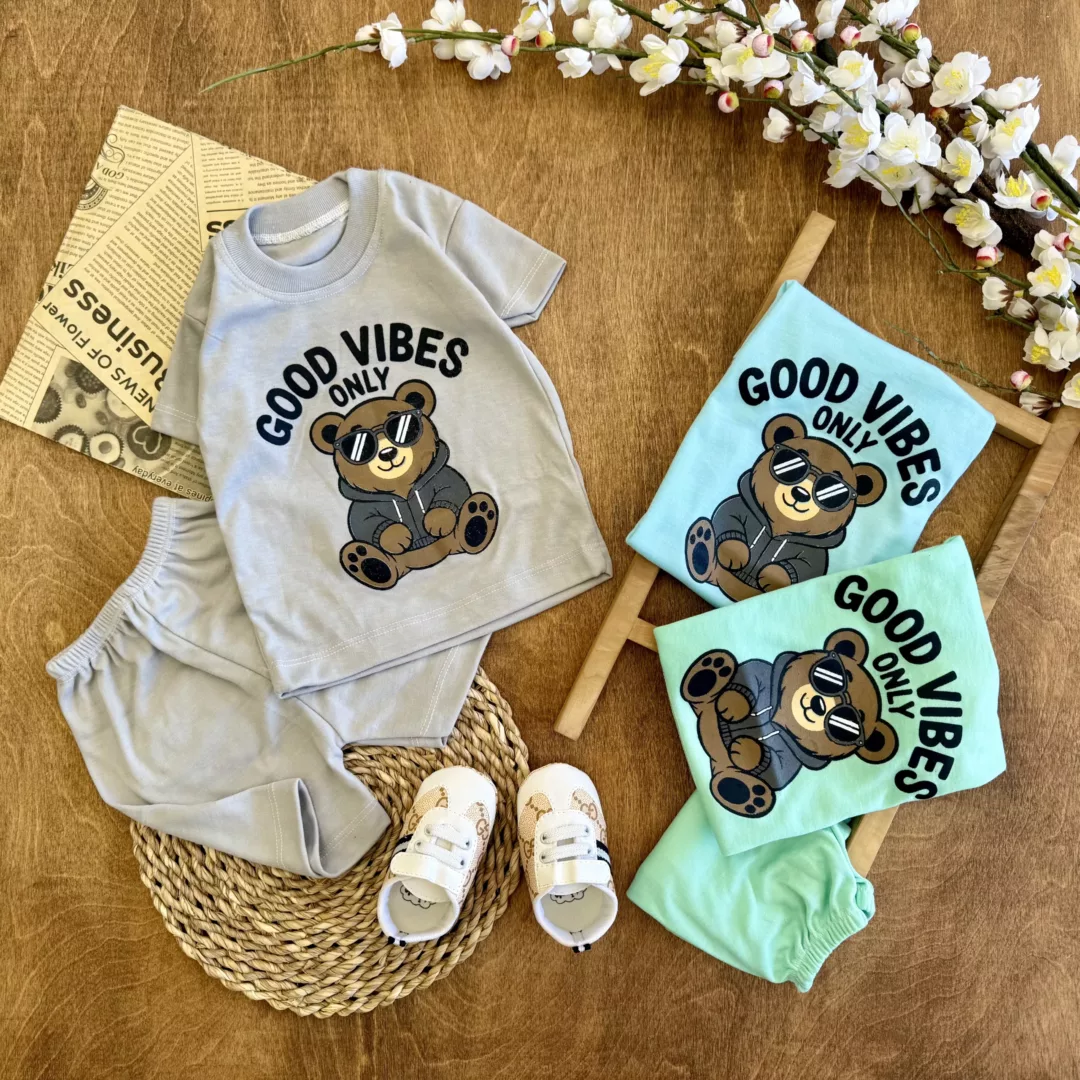 تیشرت شلوارک خرس good vibes سایز 4 تا 6 کد 6396
