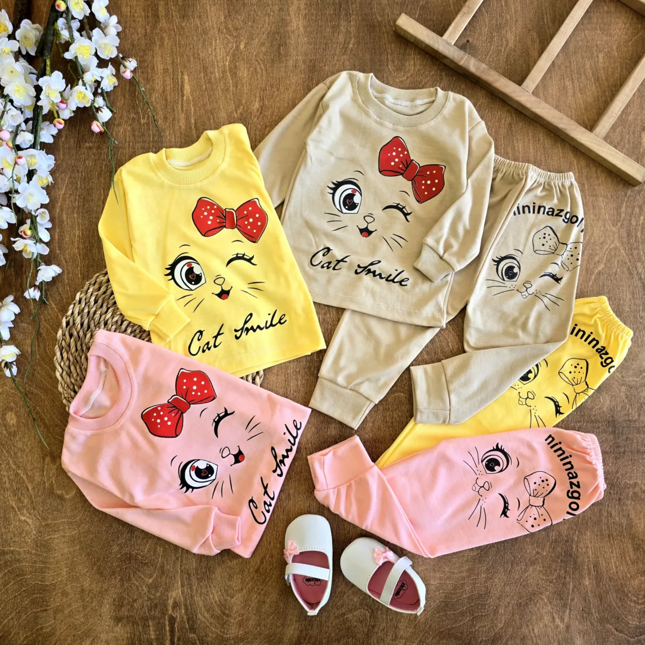 بلوز شلوار پیشی پاپیونی cat smile سایز ۴ تا ۶ کد6599