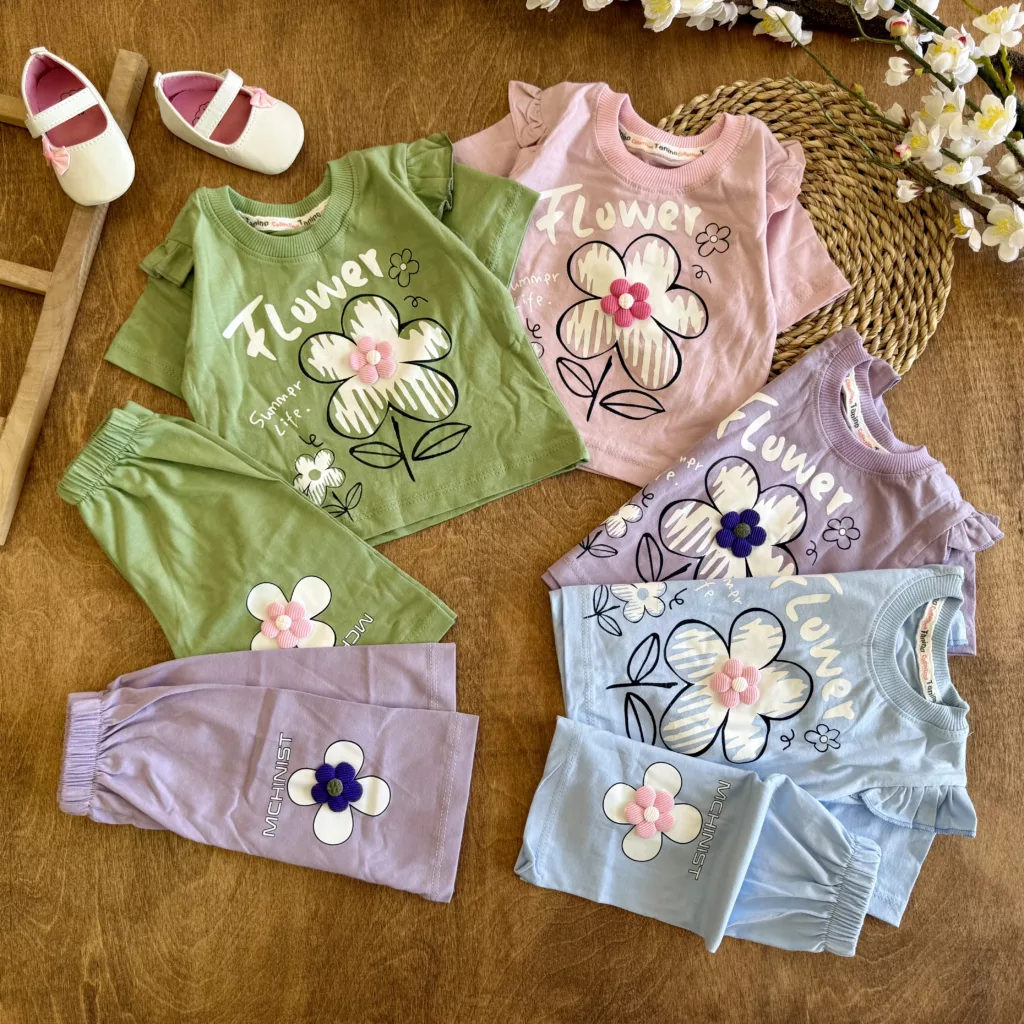 تیشرت شلوارک گل بر جسته آستین چین دار Summer کد 6644