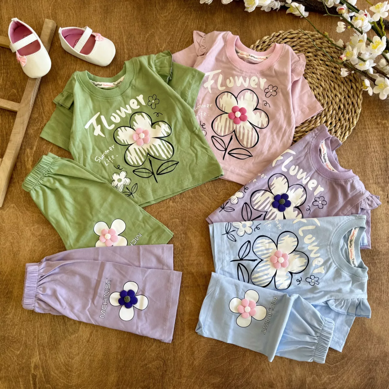تیشرت شلوارک گل بر جسته آستین چین دار Summer کد 6644