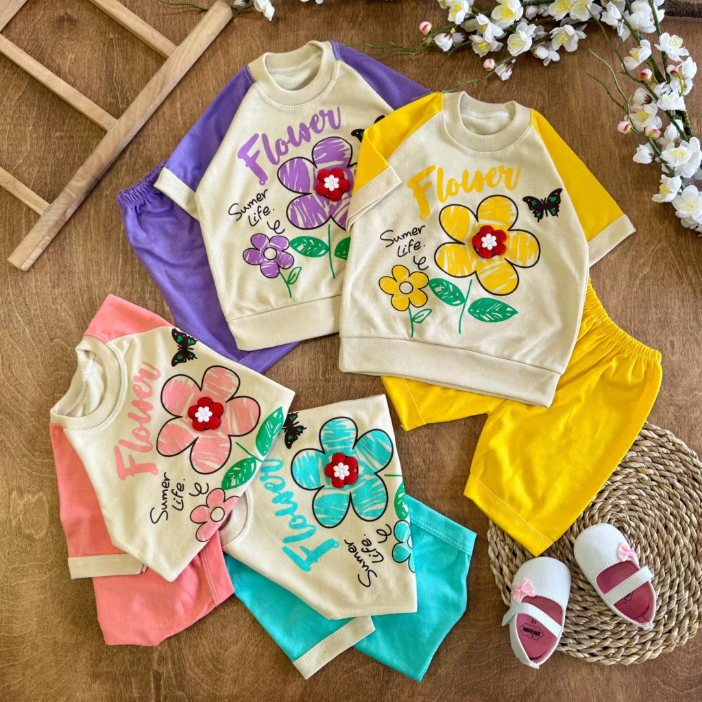 تیشرت شلوارک گل برجسته Flower کد 6580