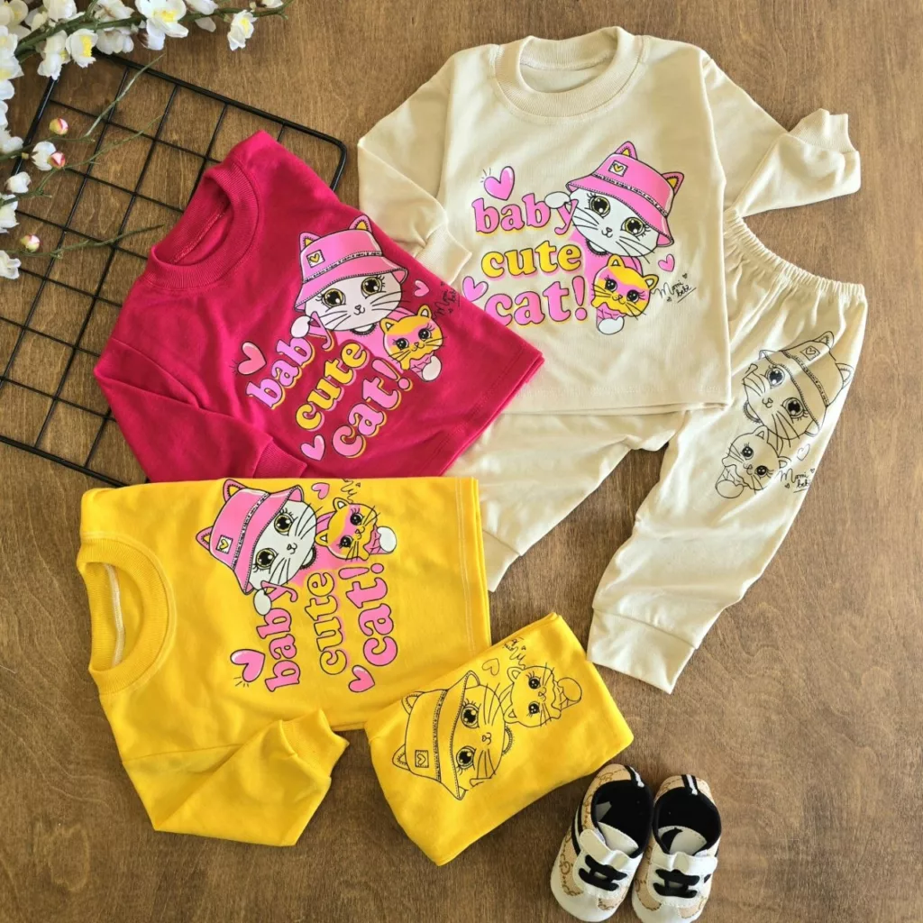 بلوز شلوار نخی دو گربه Baby Cute Cat (ایراددار) کد 6970-1